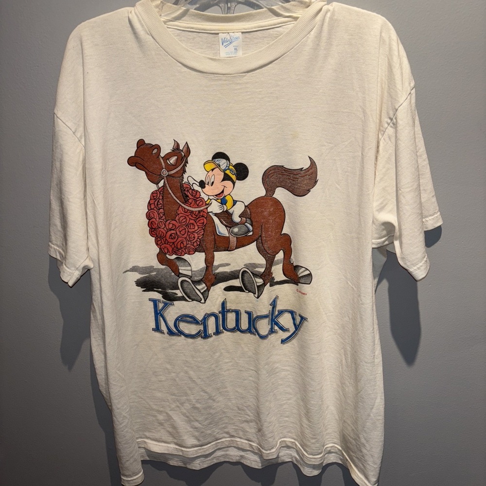 Vtg Velva-Sheen Disney Kentucky Derby T Shirt Mickey Jockey Horse Racing Size XL